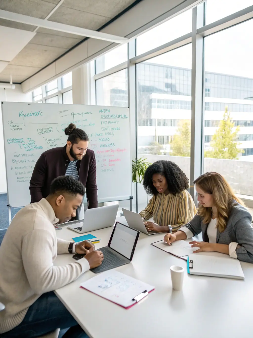 A photograph of a diverse team collaborating around a table, brainstorming and developing a strategic marketing plan, representing Signal and Spark's ClearPlan service.