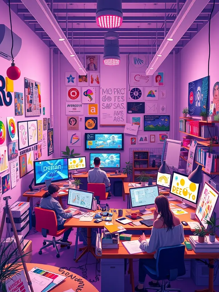 A vibrant workspace with designers and content creators working on digital media projects, showcasing Signal and Spark's ClearCreate service.
